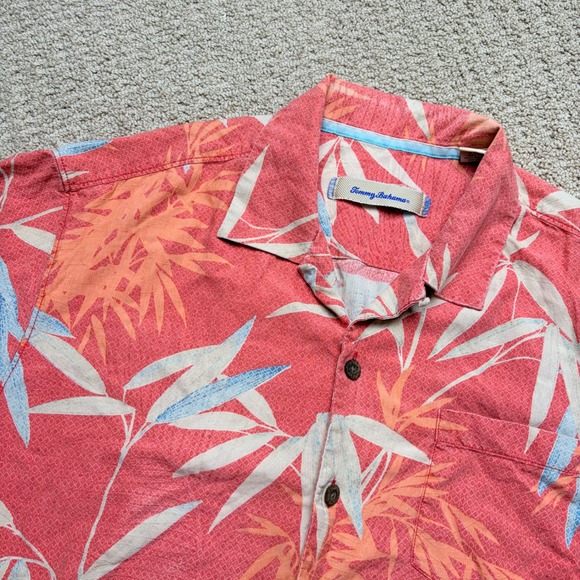 Tommy Bahama Other - Tommy Bahama Mens Large 100% Silk Bamboo Leaf Print Short Sleeve Camp Shirt Pink